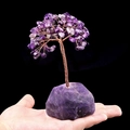 Handheld amethyst crystal money tree with copper wire and raw quartz stone base - Amethyst