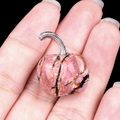 Mini pumpkin stone carving in pink rhodonite with metal stem for Halloween decor - Rhodonite