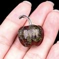 Miniature pumpkin ornament crafted from natural dragon blood stone with silver metal stem - Dragon Blood Stone