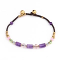 Handmade woven bracelet with amethyst cylinders, colorful crystals and gold bells - Amethyst (2049)