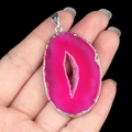 Irregular bright pink agate slice pendant with silver plated edges and druzy center - Fuchsia Agate (Silver Edge)