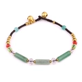 Handmade woven gemstone bracelet with green quartz tube beads and gold bell charms - Aventurine (2049)