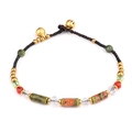 Unakite natural stone beaded bracelet with woven cord and small golden bells - Unakite (2049)