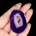 Large purple agate slice pendant with silver metal edge and natural geode crystal - Purple Agate (Silver Edge)