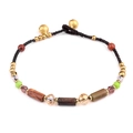 Boho hand-woven bracelet with natural semi-precious crystal beads and brass bells - Picasso Stone (2049)