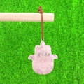 Pink quartz Hamsa Hand pendant with Evil Eye engraving on a brown leather cord - Rose Quartz