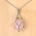 Pink quartz teardrop stone necklace in a silver geometric cage pendant with a fine chain - Rose Quartz Egg