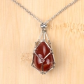Teardrop red agate stone pendant in silver metal net cage with stainless steel chain - Red Agate Egg