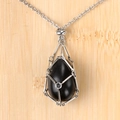 Natural black agate drop pendant necklace with stainless steel geometric mesh frame - Obsidian Egg