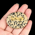 Handheld Dalmatian Jasper palm stone with gold Strength engraving on black background - Strength (Dalmatian Jasper)