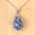Teardrop blue sodalite stone necklace with silver geometric wire cage and steel chain - Blue Dot Jade Egg