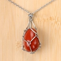 Red agate gemstone pendant wrapped in silver geometric mesh cage on a metal chain - Red Jasper Egg