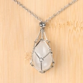 Silver mesh metal cage necklace featuring a natural white drop crystal agate pendant - Clear Quartz Egg