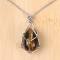 Tiger eye stone teardrop pendant necklace featuring a silver mesh metal cage and chain - Tiger Eye Egg
