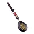 Hamsa hand engraved obsidian pendant keychain with ethnic style woven cord - Obsidian