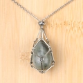 Minimalist silver metal net pendant with grey natural teardrop stone and stainless steel chain - Labradorite Egg