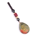 Green stone teardrop keychain with golden Hamsa Hand symbol on brown woven cord - Unakite