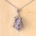 Lavender natural crystal stone necklace with silver stainless steel mesh net pendant - Phosphosiderite Egg