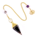 Black obsidian hexagonal crystal pendulum pendant with gold chain and lotus Buddha charm - Obsidian