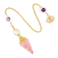 Pink crystal energy pendulum pendant with golden chain and lotus buddha charm ornament - Rose Quartz