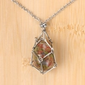 Unakite gemstone drop pendant in silver geometric metal cage with stainless steel chain - Unakite Egg