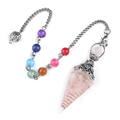 Rose quartz hexagonal pendulum pendant with copper coil and seven chakra bead chain - Multicolor Bead Chain Style / Rose Quartz (Antique Silver)