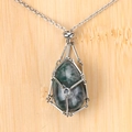 Moss agate teardrop pendant necklace in a silver geometric frame on a steel chain - India Agate Egg