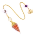 Hexagonal resin pendulum with red agate chips and golden chain with lotus charm - Red Agate
