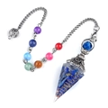 Lapis lazuli resin hexagonal pendulum pendant with chakra beads and copper coil - Multicolor Bead Chain Style / Lapis Lazuli (Antique Silver)