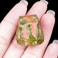 Miniature owl figurine carved from unakite stone with natural green and orange patterns - Unakite