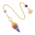 Seven Chakra crystal resin hexagonal pendulum pendant with natural stones and gold chain - Rainbow Stone