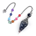 Hexagonal resin pendulum with crushed gemstones and seven chakra beads on a silver chain - Multicolor Bead Chain Style / Snowflake Obsidian (Antique Silver)