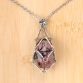 Pink natural quartz stone pendant with silver metal cage and stainless steel chain - Rhodonite Egg