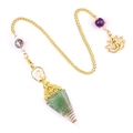 Green crystal hexagonal pendulum with copper wire wrap and golden lotus charm chain - Green Aventurine