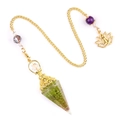 Natural peridot crystal resin hexagonal pendant with golden lotus charm and purple bead - Peridot Crystal