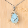 Light blue agate drop pendant in silver mesh cage with stainless steel chain - Opal (Synthetic) Egg
