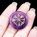 Natural amethyst stone disk with gold engraved Viking Vegvisir symbol for home decor - Amethyst