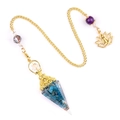 Golden resin hexagonal cone pendant with teal crystal stone and lotus charm - Apatite