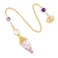 Golden hexagonal cone pendulum with white turquoise chips and lotus Buddha charm - Howlite