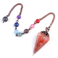Chakra pendulum with multi-color beads, orange resin crystal cone and bronze chain - Red Agate (Flower Head) + Seven Color Chain