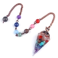 7 Chakras resin crystal pendulum with crushed stones and antique bronze chain - Colorful Stone (Flower Head) + Seven Color Chain