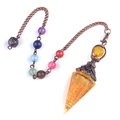 Pendolo esagonale in resina con cristallo giallo e perle chakra su catena di bronzo - Citrino Sintetico (Bronzo Antico)