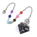 Black obsidian chakra pendulum with silver tree of life charm and colorful crystal beads - Snowflake Obsidian + Chakra Chain