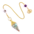 Green crystal resin pendulum pendant with gold copper coil and purple bead accents - Amazonite