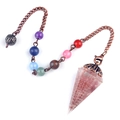 Retro crystal cone pendulum with copper wire coil and seven chakra colored beads - Strawberry Quartz (Flower Head) + Seven Color Chain