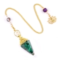 Resin hexagonal cone pendulum with green healing stones and gold lotus charm - Malachite (Synthetic)