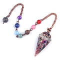 Copper healing pendulum with seven chakra beads and pink crystal resin pendant - Tourmaline (Flower Head) + Seven Color Chain