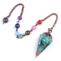 Bronze dowsing pendulum with seven chakra beads and turquoise resin hexagonal cone - Synthetic Turquoise (Flower Head) + Seven Color Chain
