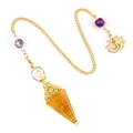 Yellow resin hexagonal pendulum with natural crystals and golden lotus Buddha charm - Artificial Citrine