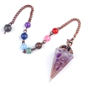 Amethyst crystal resin pendulum with chakra beads and copper coil on bronze chain - Amethyst (Flower Head) + Seven Color Chain